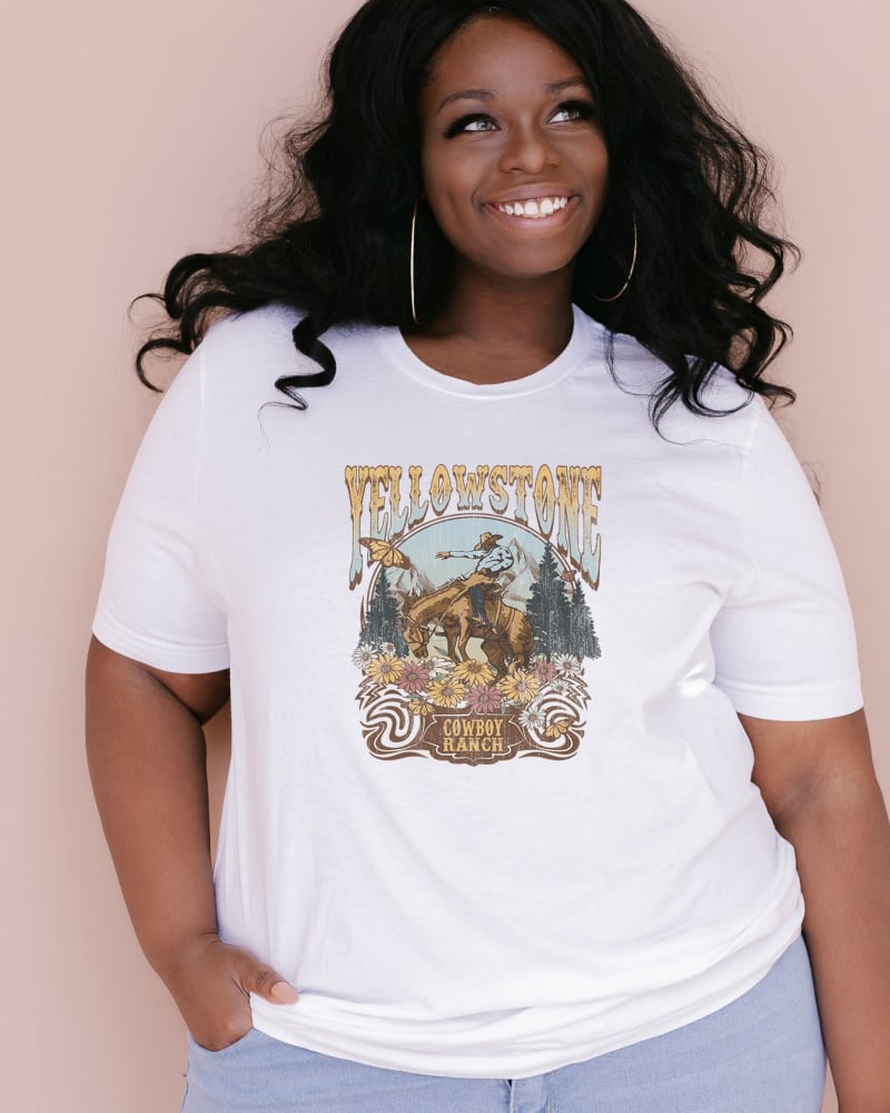 Front of a model wearing a size Large Yellowstone Cowboy Ranch in White by Simply Sage Market. | dia_product_style_image_id:281461